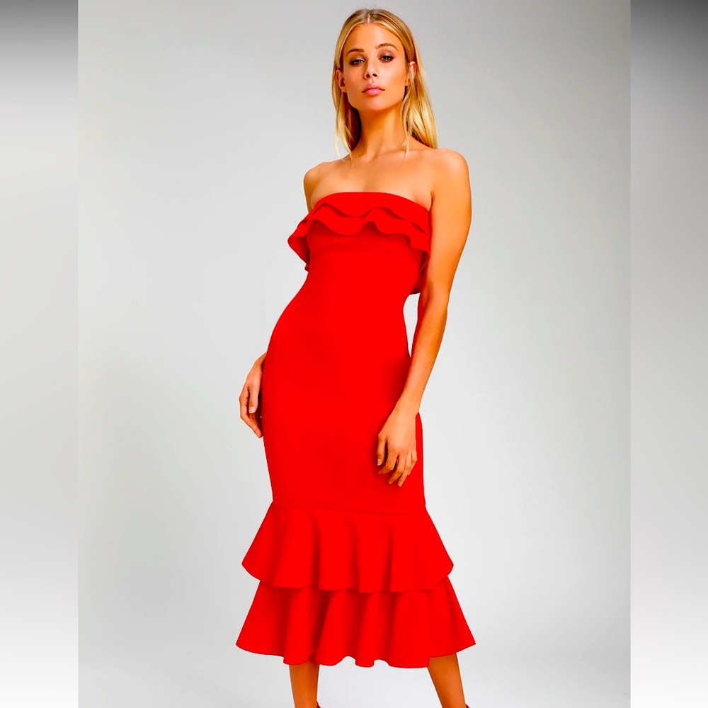 Glam Life Red Ruffled Strapless Midi Dress